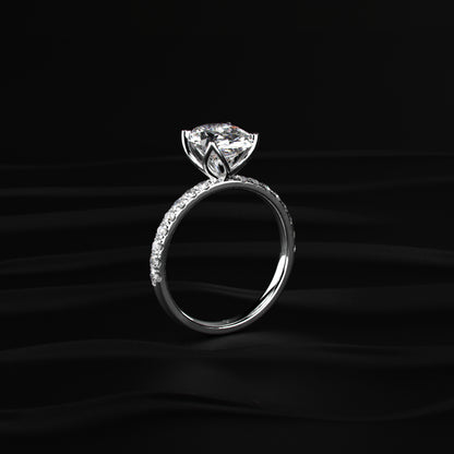 Oval Solitaire Shape Floral Ring With Pave Band