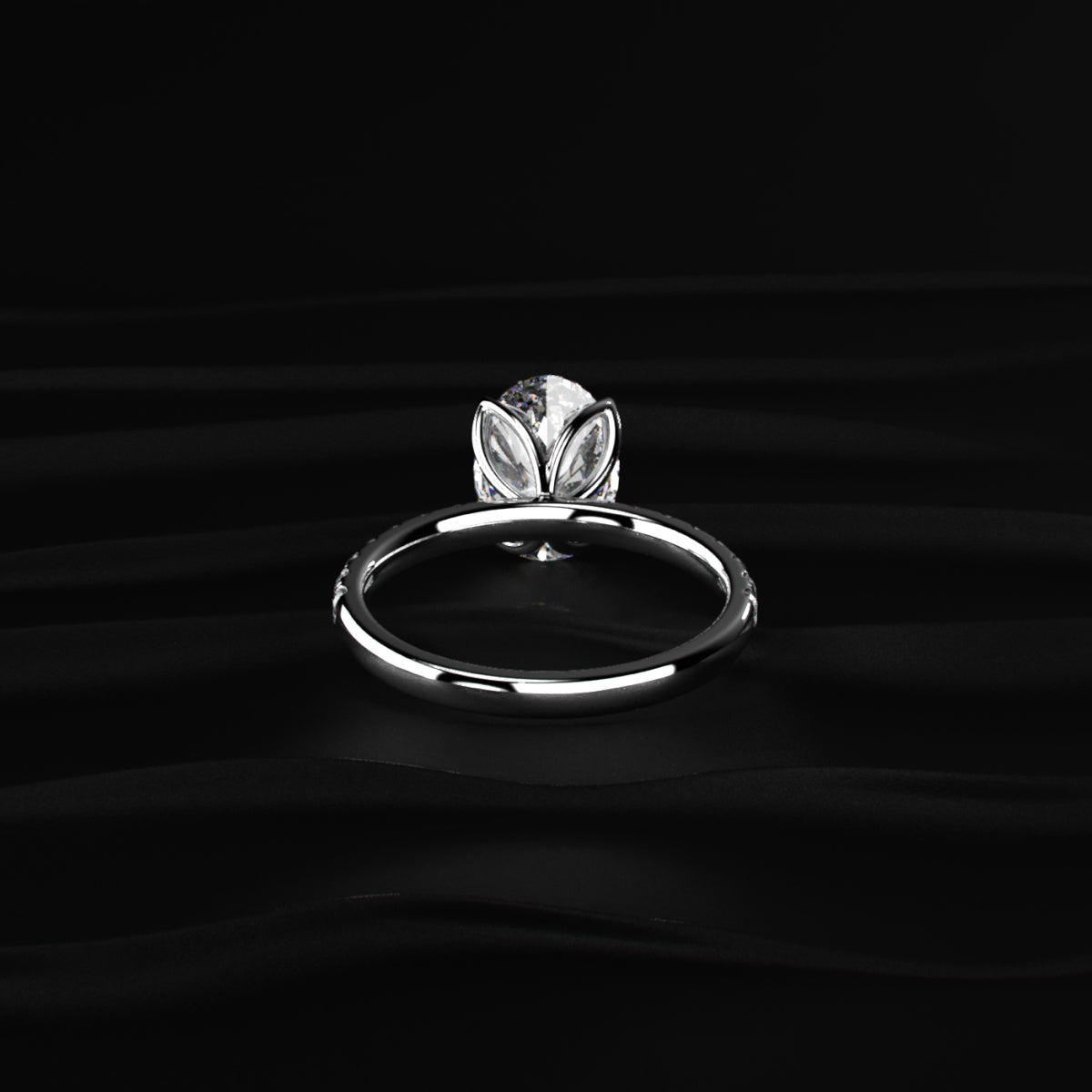 Oval Solitaire Shape Floral Ring With Pave Band