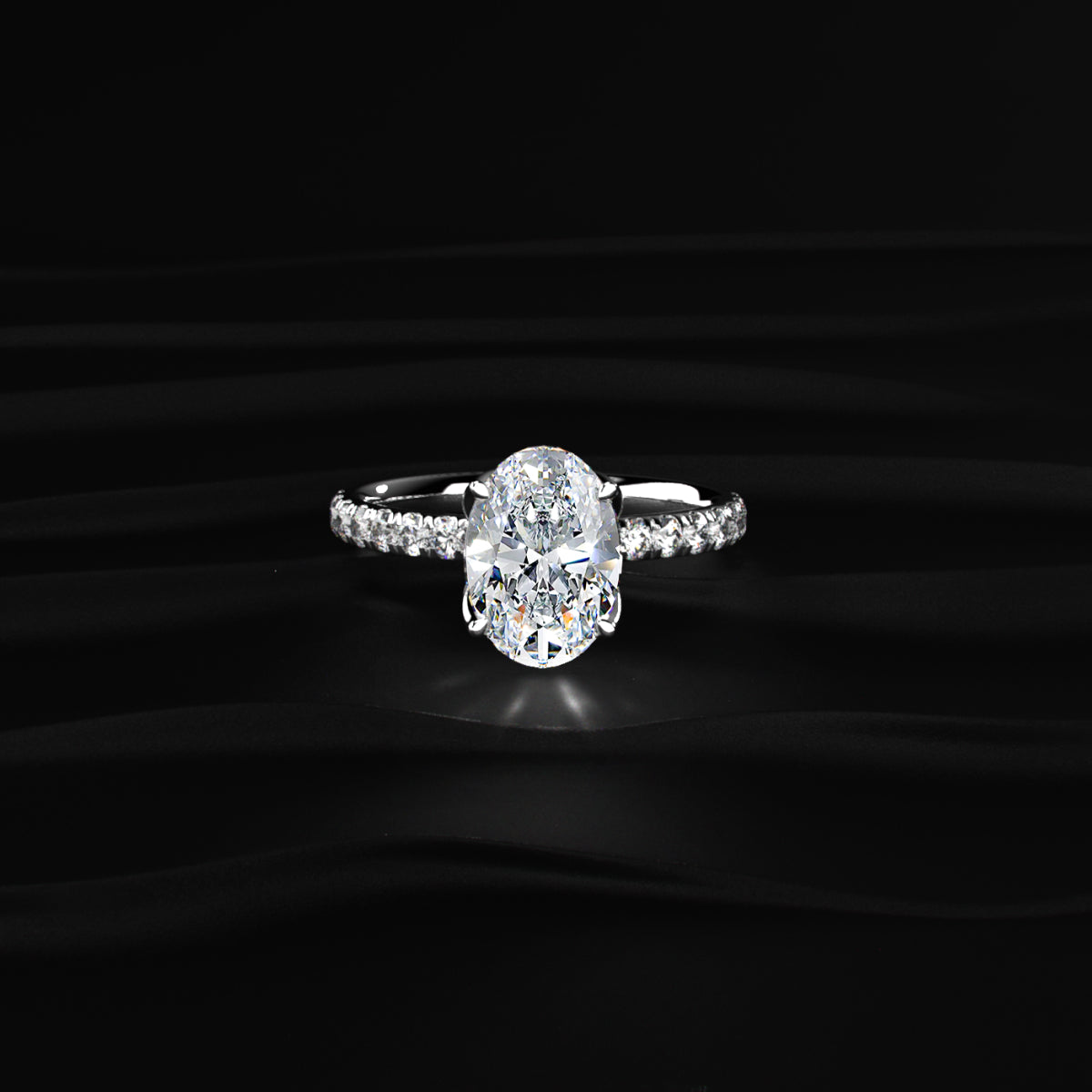 Oval Solitaire Shape Floral Ring With Pave Band
