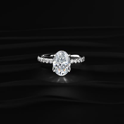 Oval Solitaire Shape Floral Ring With Pave Band
