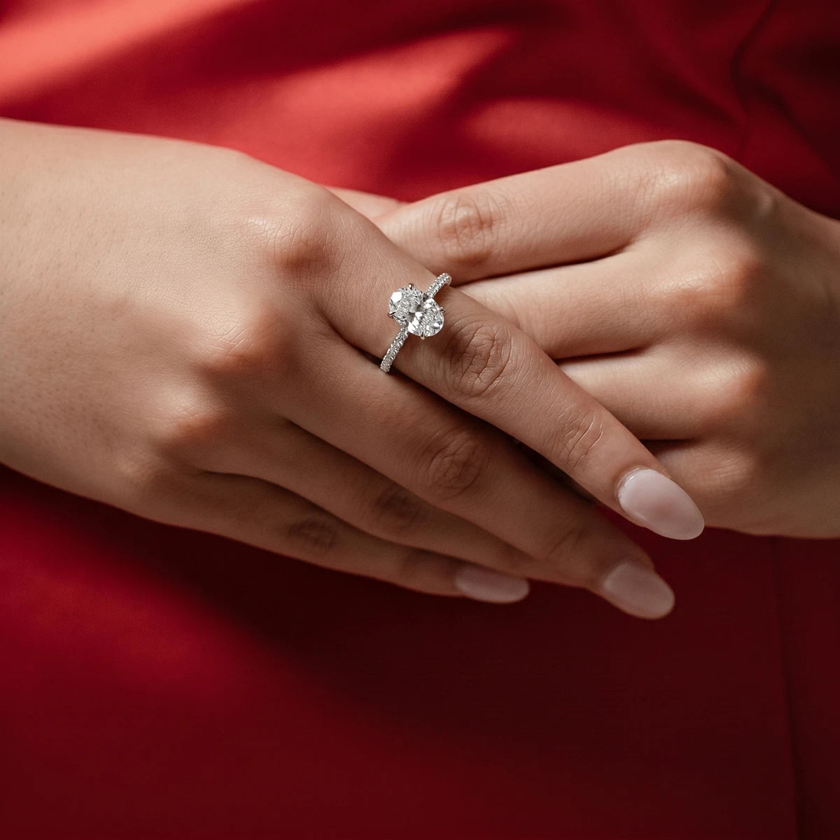 Oval Solitaire Shape Floral Ring With Pave Band | Earthly Jewels | Model Image