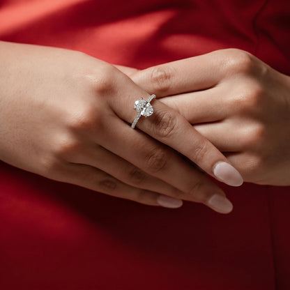 Oval Solitaire Shape Floral Ring With Pave Band | Earthly Jewels | Model Image