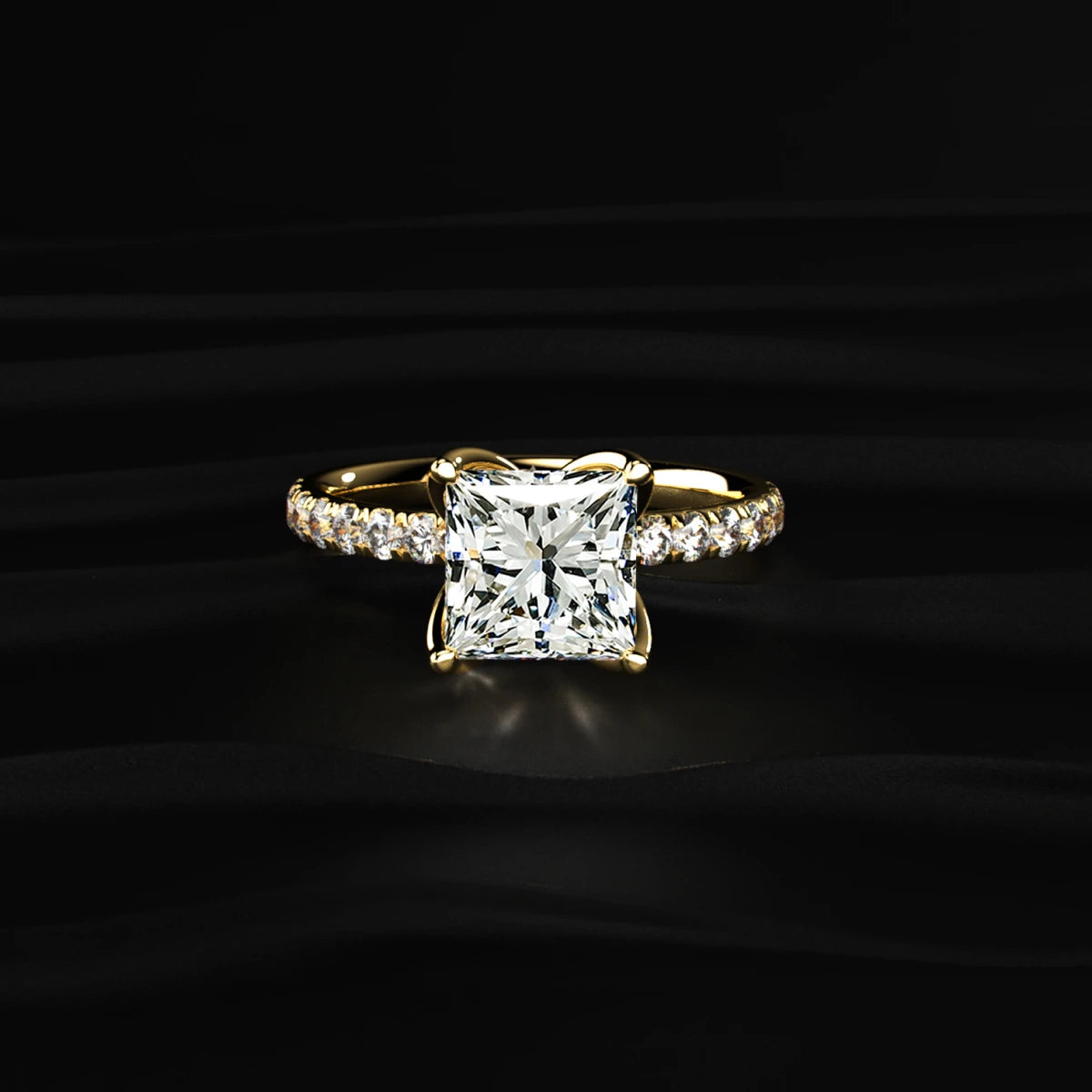 Princess Cut Solitaire Floral Ring With Pave Band | Earthly Jewels