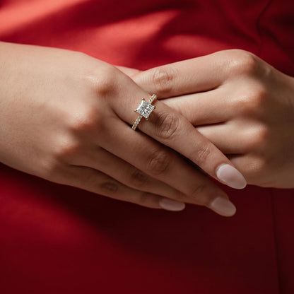 Princess Cut Solitaire Floral Ring With Pave Band | Earthly Jewels | Model Image