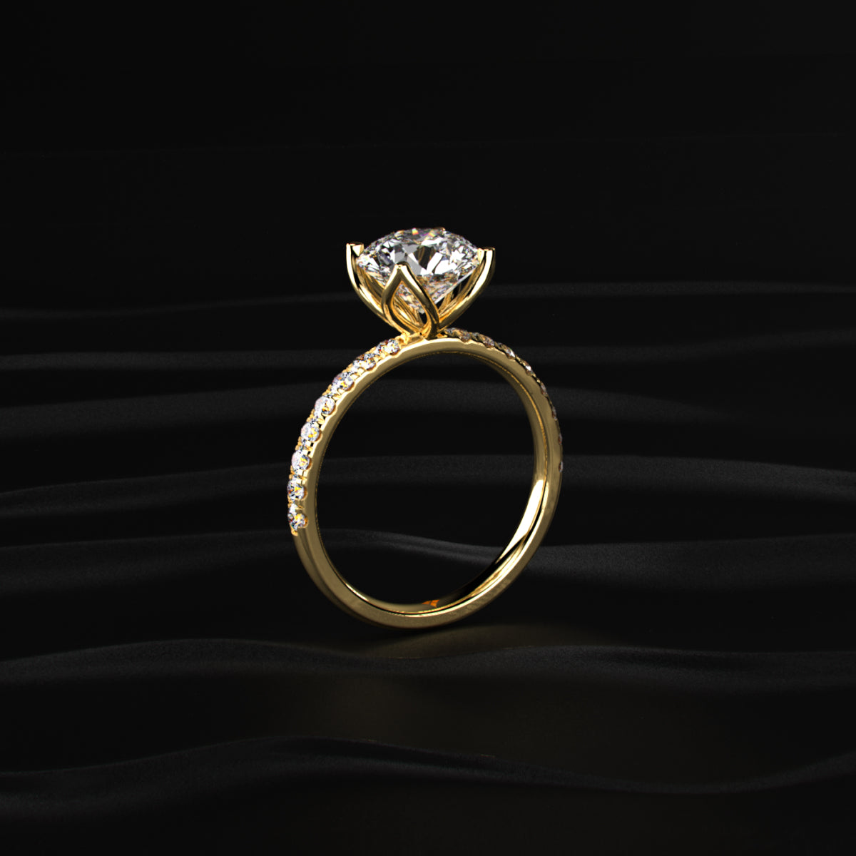 Round Solitaire Shape Floral Ring With Pave Band