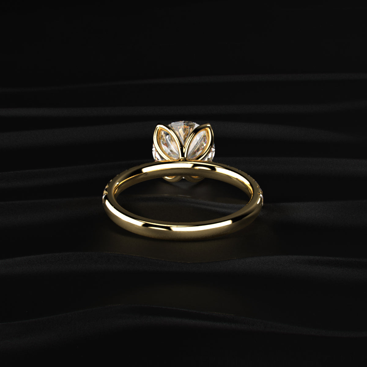 Round Solitaire Shape Floral Ring With Pave Band