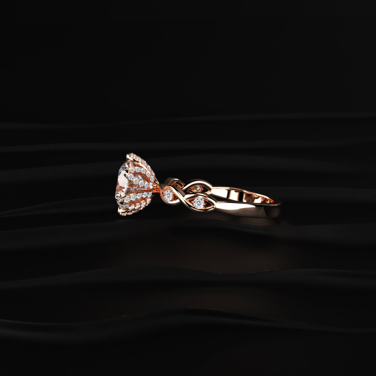Round Solitaire Floral Pave Prongs Ring With Twisted Shank