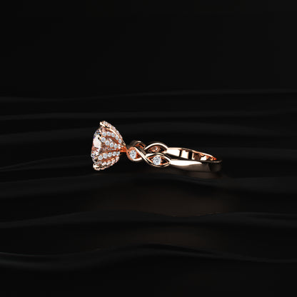 Round Solitaire Floral Pave Prongs Ring With Twisted Shank