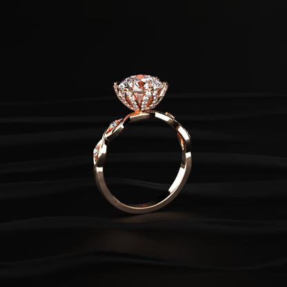 Round Solitaire Floral Pave Prongs Ring With Twisted Shank