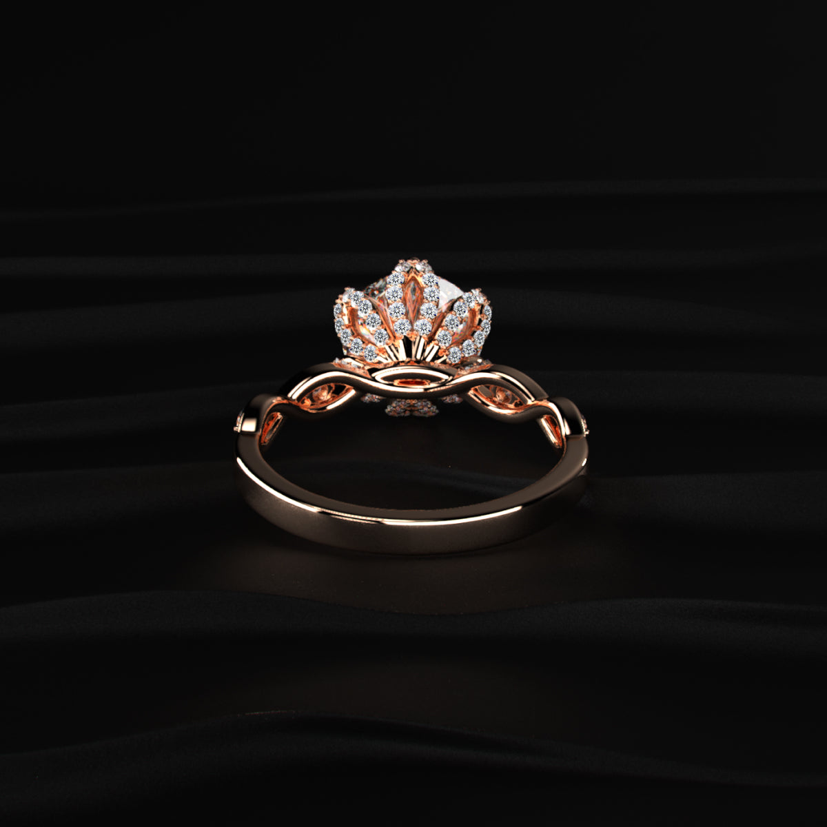 Round Solitaire Floral Pave Prongs Ring With Twisted Shank