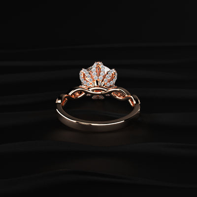 Round Solitaire Floral Pave Prongs Ring With Twisted Shank | Earthly Jewels