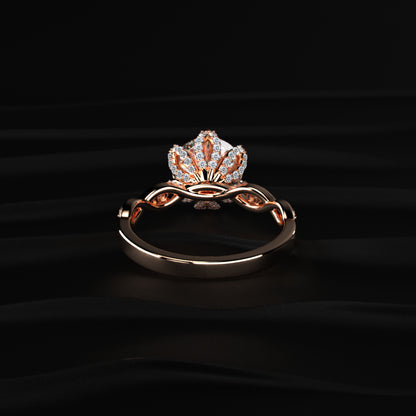 Round Solitaire Floral Pave Prongs Ring With Twisted Shank