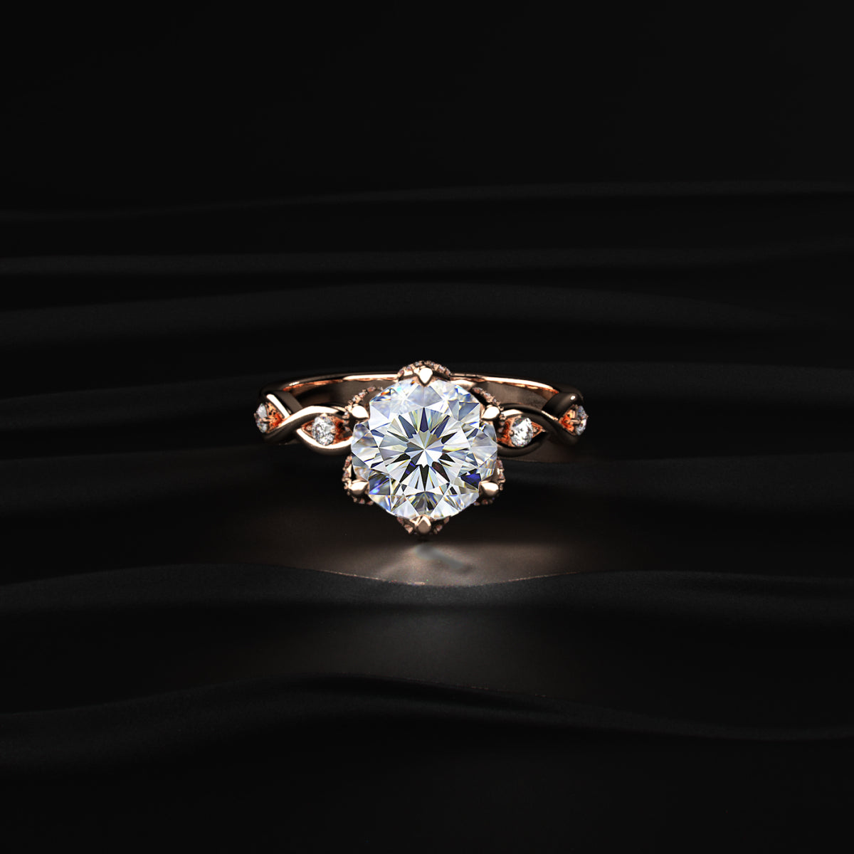 Round Solitaire Floral Pave Prongs Ring With Twisted Shank