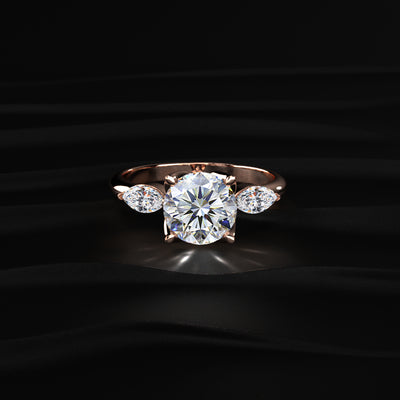 Round Floral Solitaire Ring With Side Marquise Stone | Earthly Jewels