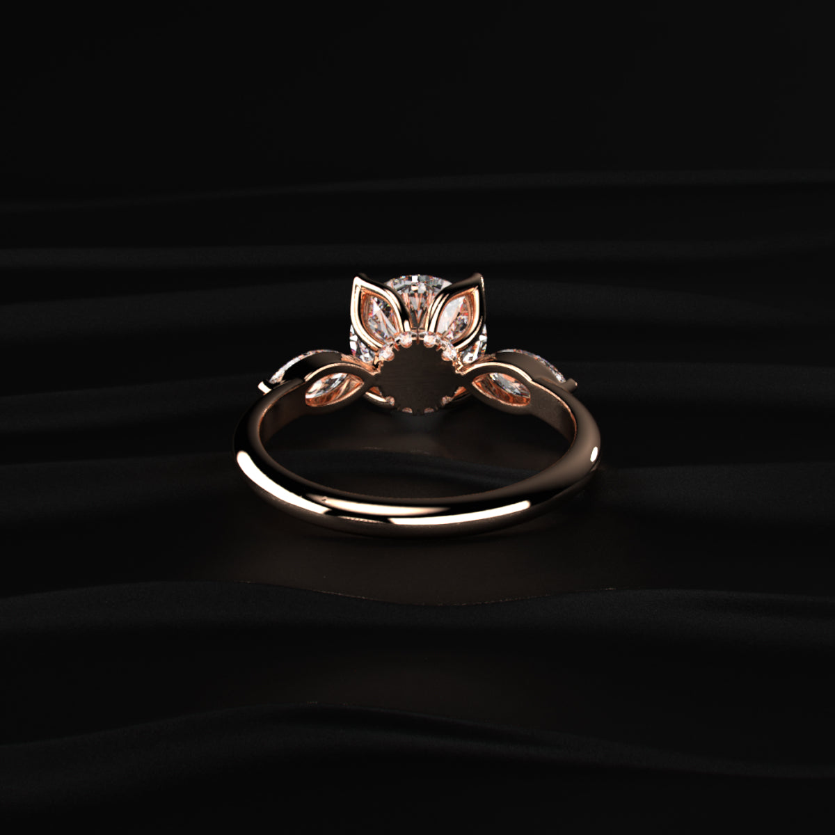Round Floral Solitaire Ring With Side Marquise Stone