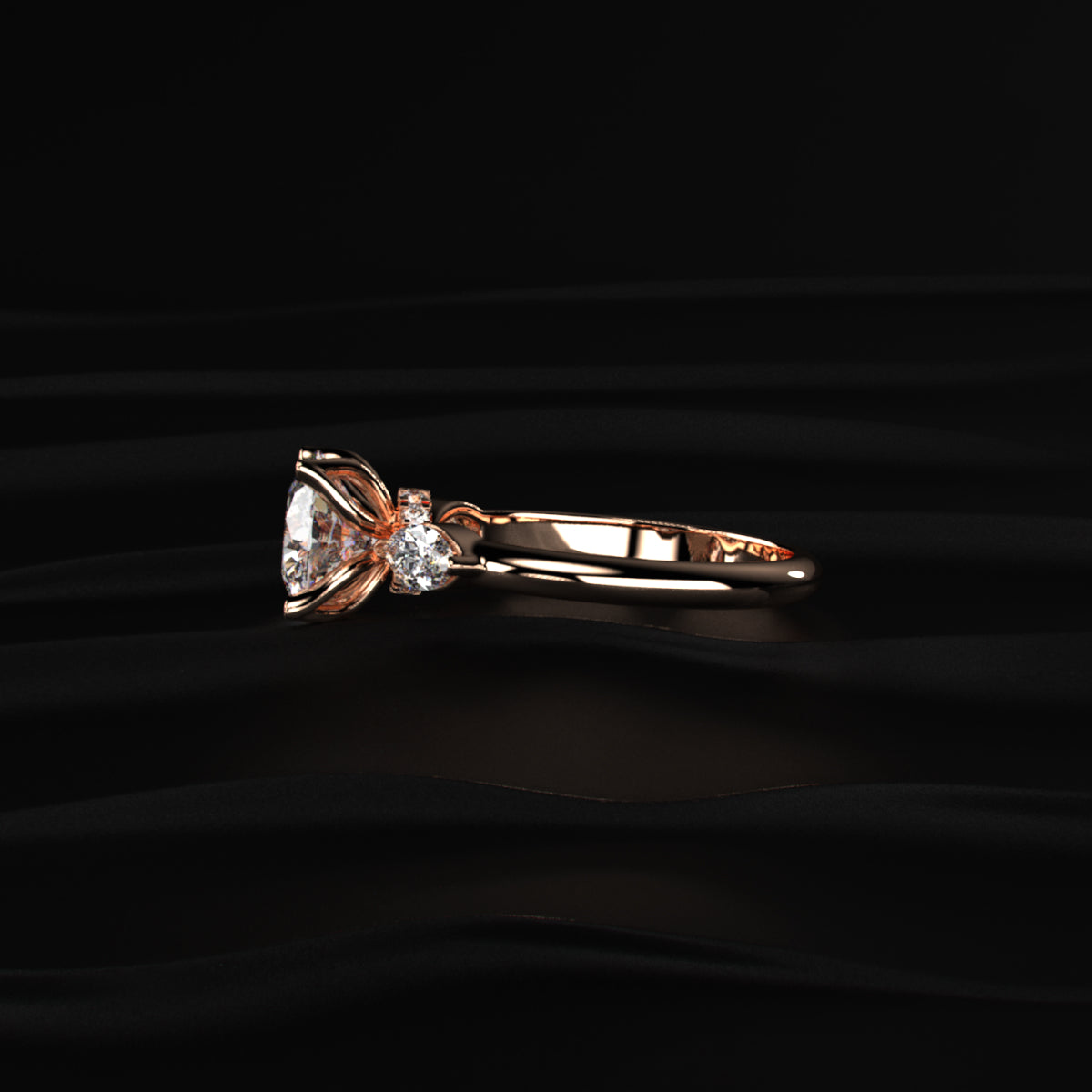Round Floral Solitaire Ring With Side Marquise Stone