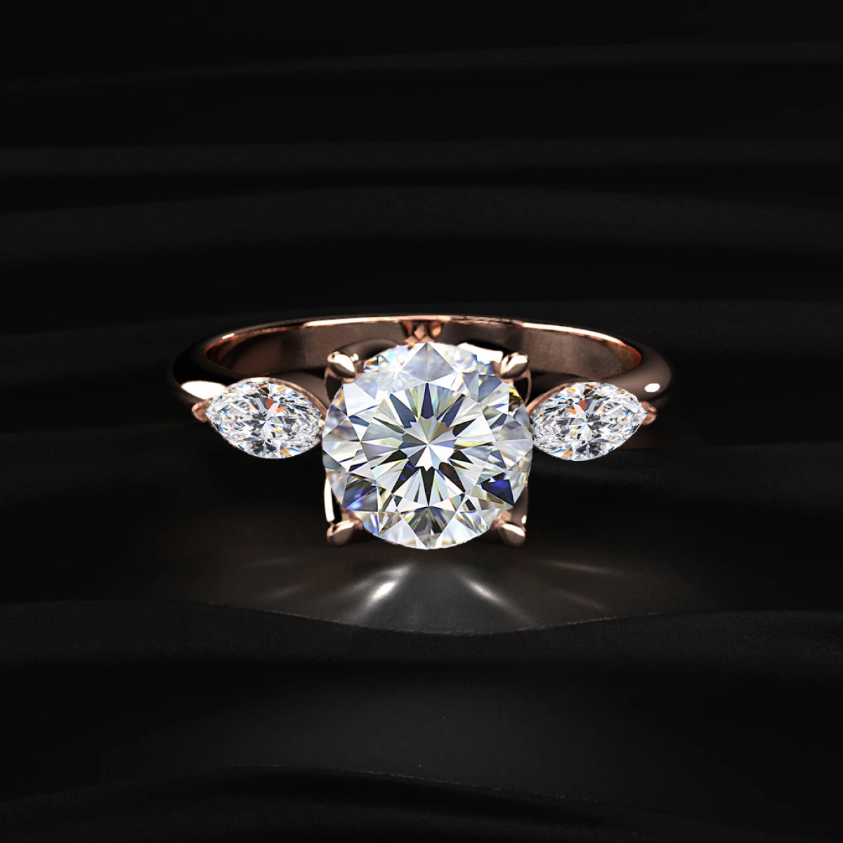 Round Floral Solitaire Ring With Side Marquise Stone | Earthly Jewels