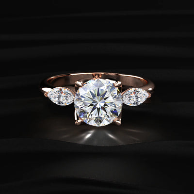Round Floral Solitaire Ring With Side Marquise Stone | Earthly Jewels