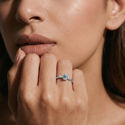 Emerald Cut with Marquise Side Diamonds Ring | Earthly Jewels | Model image