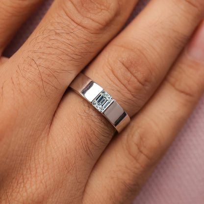 Emerald Cut Diamond Men’s Wedding Band | Earthly Jewels | Model Image
