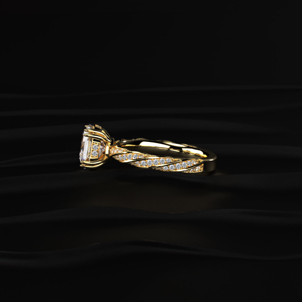 Octagon Diamond Solitaire Ring With Twisted Pave Band | Earthly Jewels