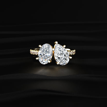 Oval And Pear Toi-Et-Moi Ring With Pave Band