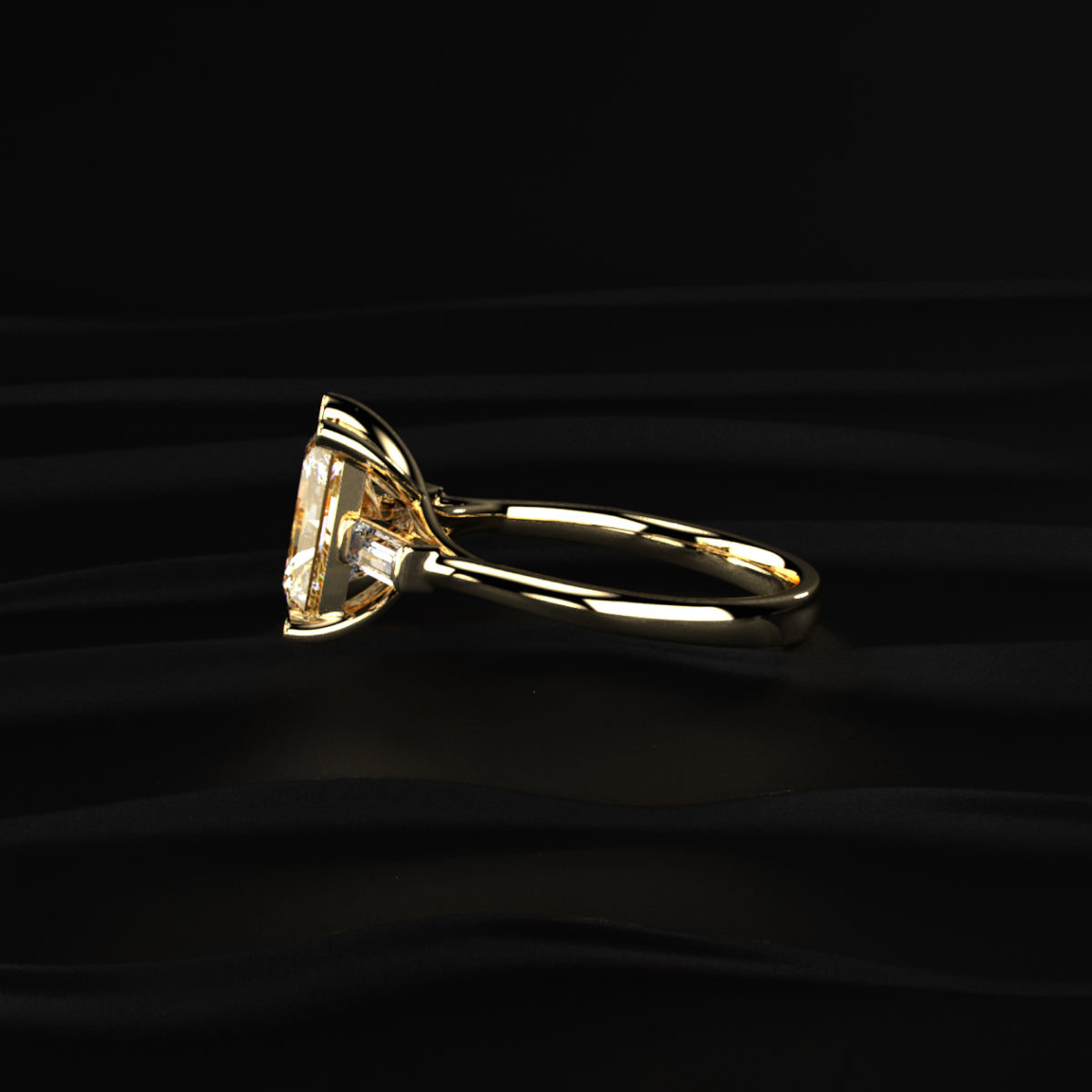 Yellow Radiant Solitaire Engagement Ring With Tapered Baguette | Earthly Jewels