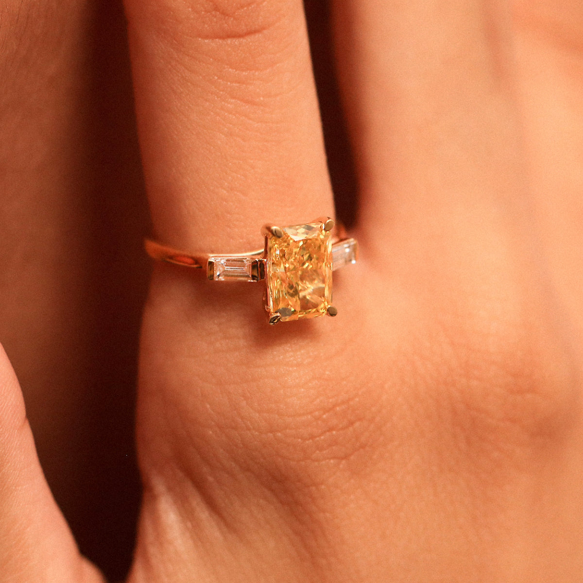 Yellow Radiant Solitaire Engagement Ring With Tapered Baguette | Earthly Jewels