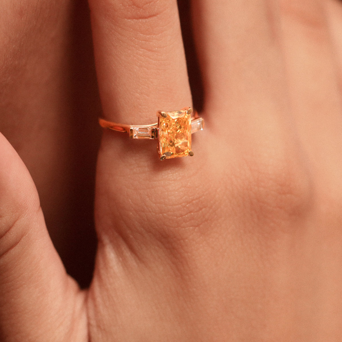 Yellow Radiant Solitaire Engagement Ring With Tapered Baguette | Earthly Jewels