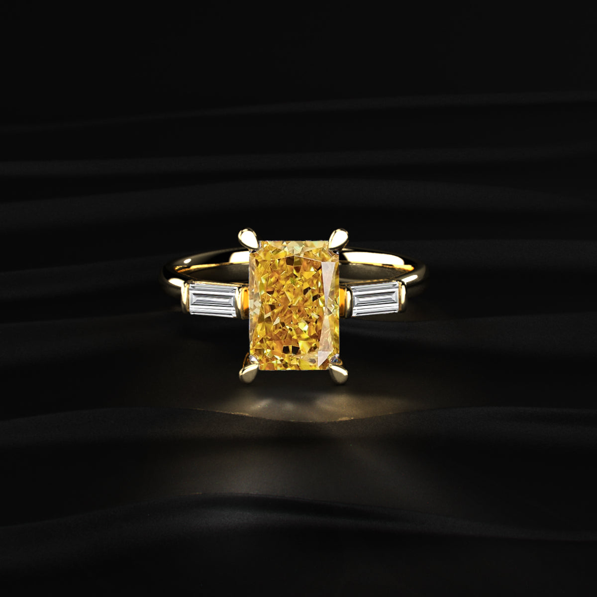 Yellow Radiant Solitaire Engagement Ring With Tapered Baguette | Earthly Jewels
