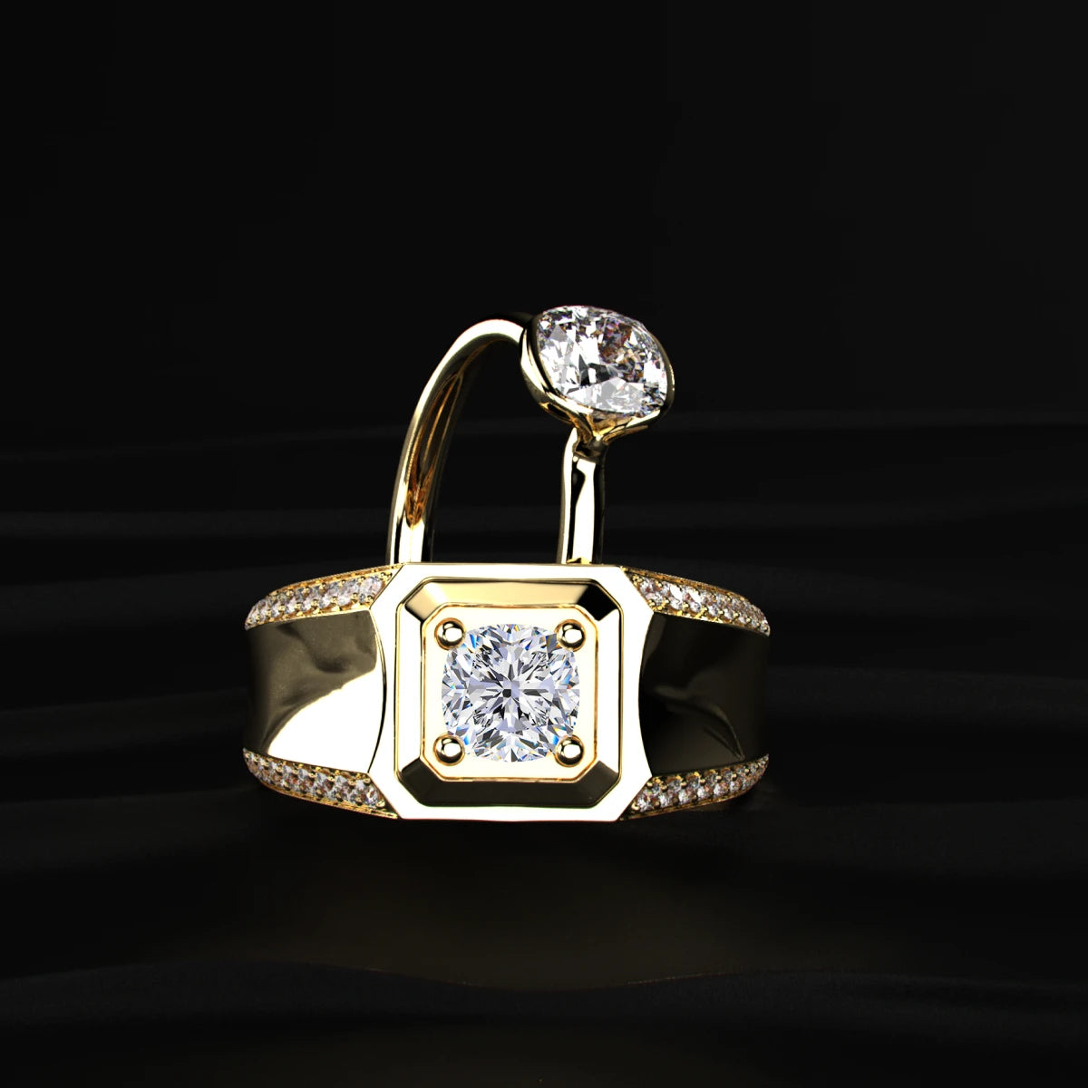 Cushion Cut Diamond Mens Ring With Accent Stone