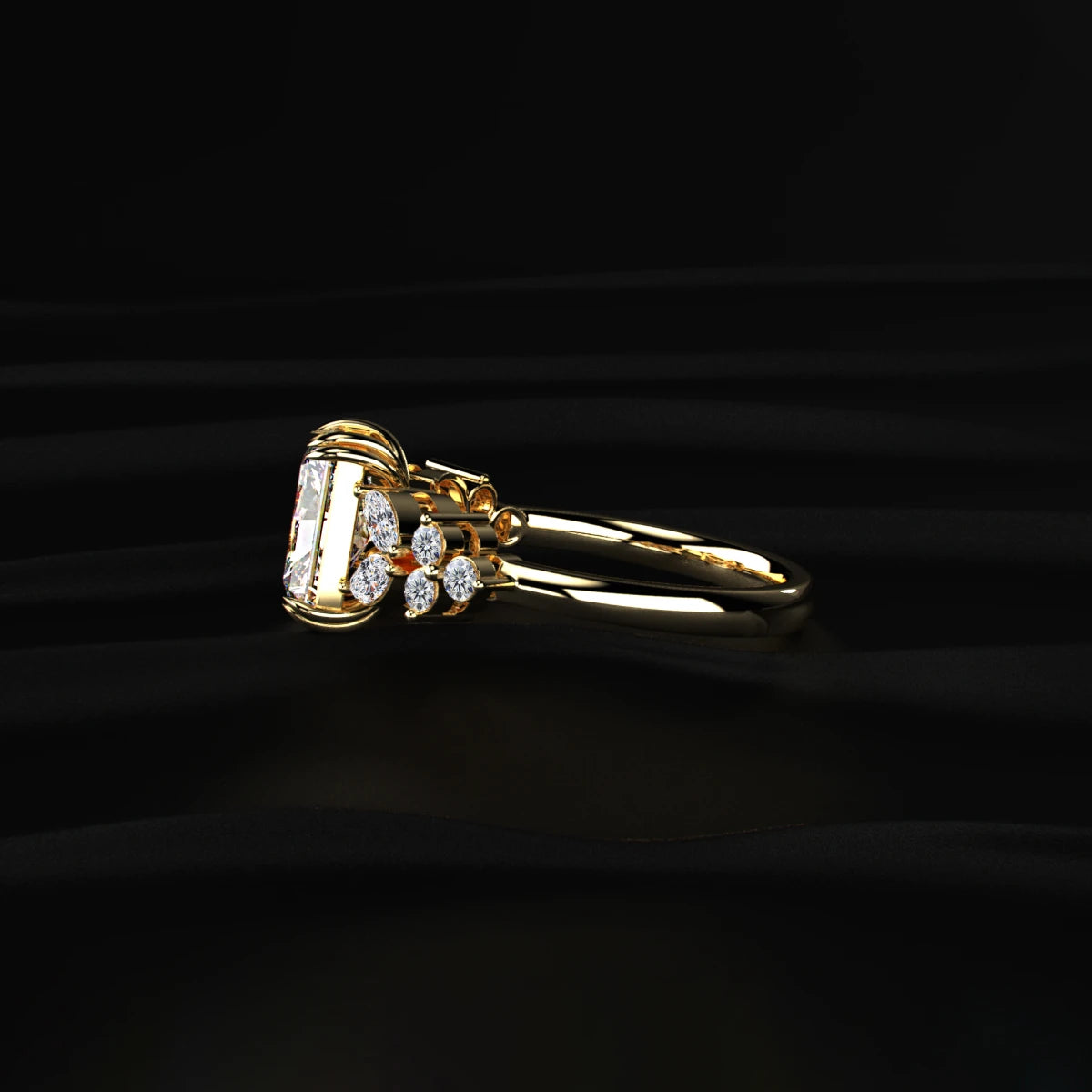 Emerald Cut Diamond Ring With Floral Pave