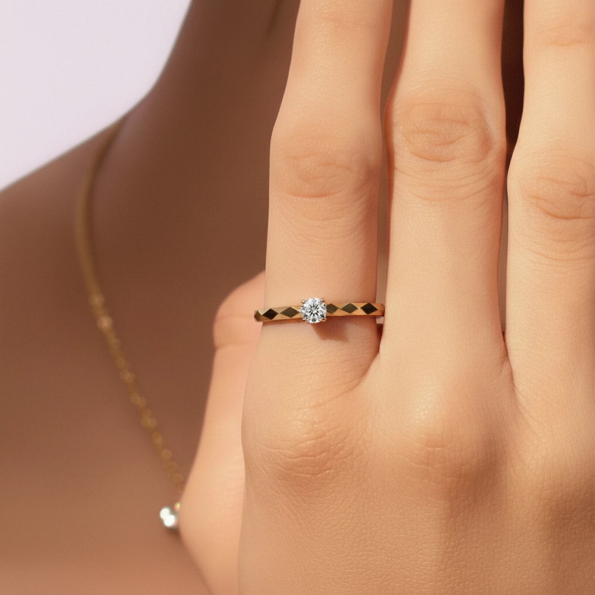 Round solitaire Geometric Faceted Band Engagement Ring | Earthly Jewels   