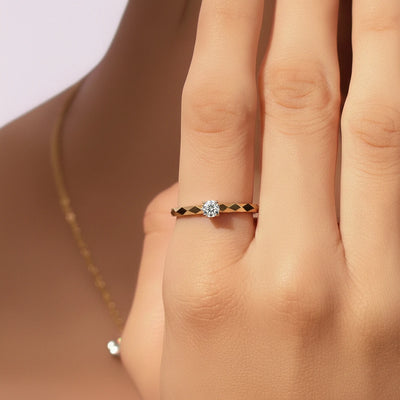 Round solitaire Geometric Faceted Band Engagement Ring | Earthly Jewels   