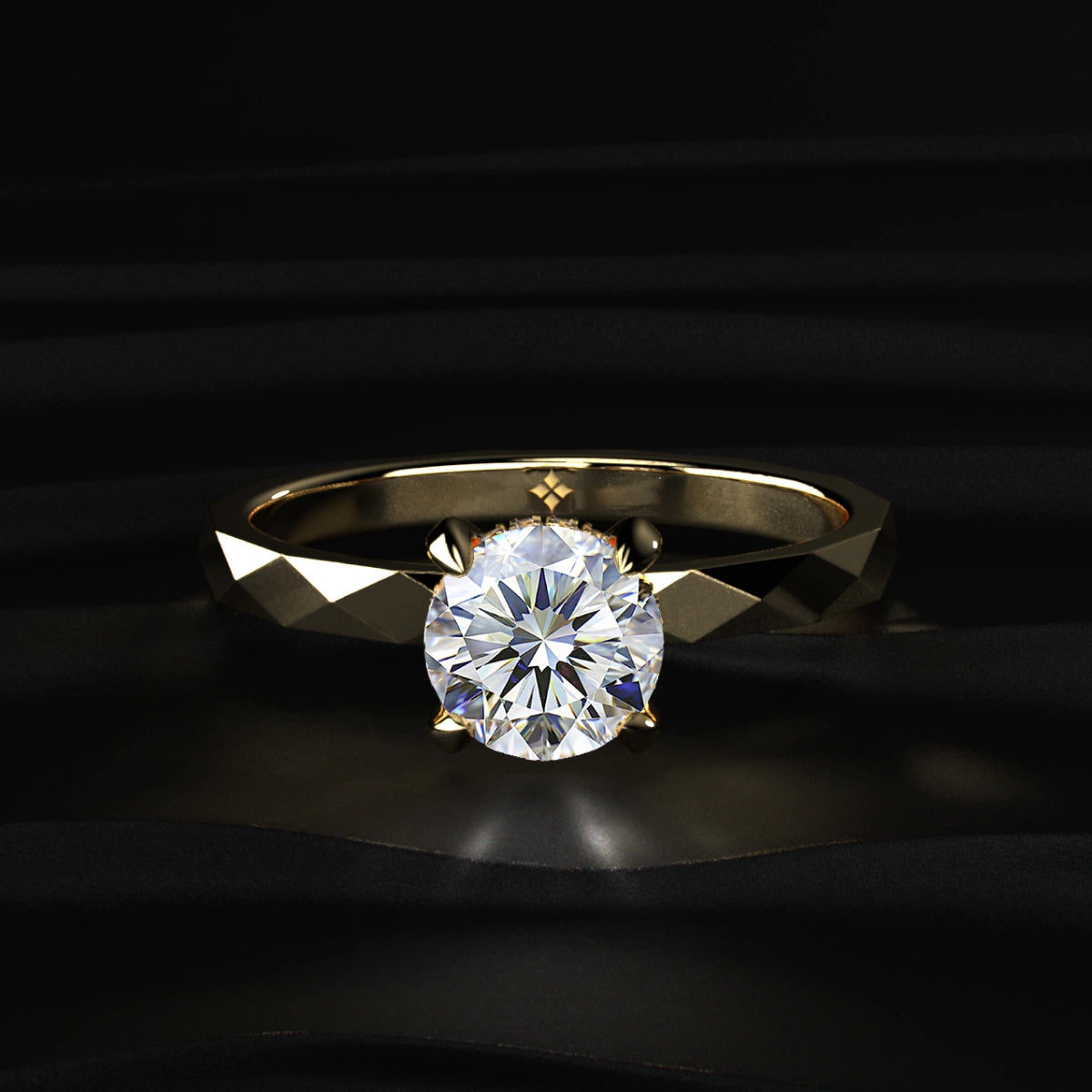 Round solitaire Geometric Faceted Band Engagement Ring | Earthly Jewels   