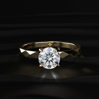 Round solitaire Geometric Faceted Band Engagement Ring | Earthly Jewels   