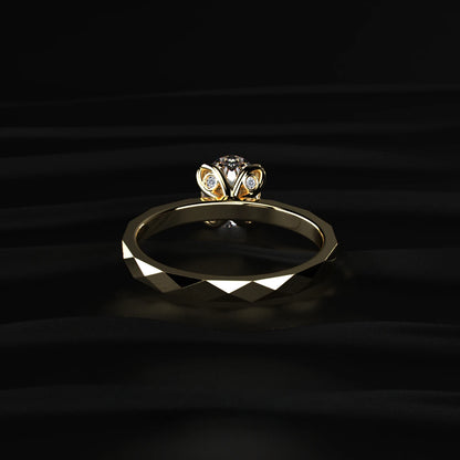 Oval Solitaire Ring With Floral Multi-Faceted Geometric Band | Earthly Jewels   