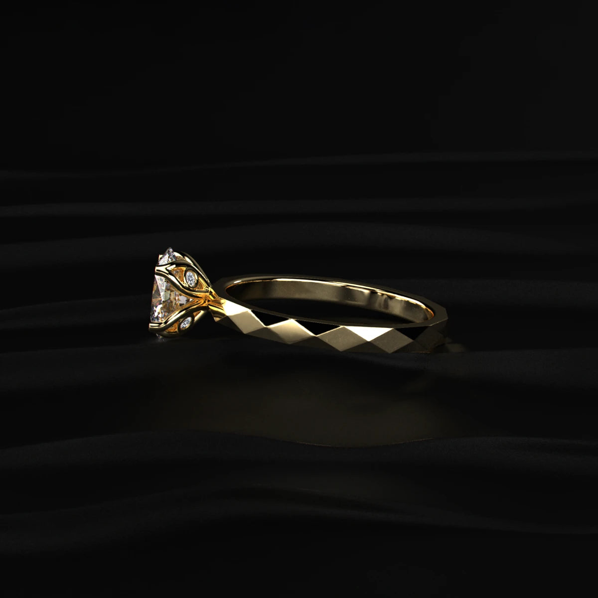 Oval Solitaire Ring With Floral Multi-Faceted Geometric Band | Earthly Jewels   