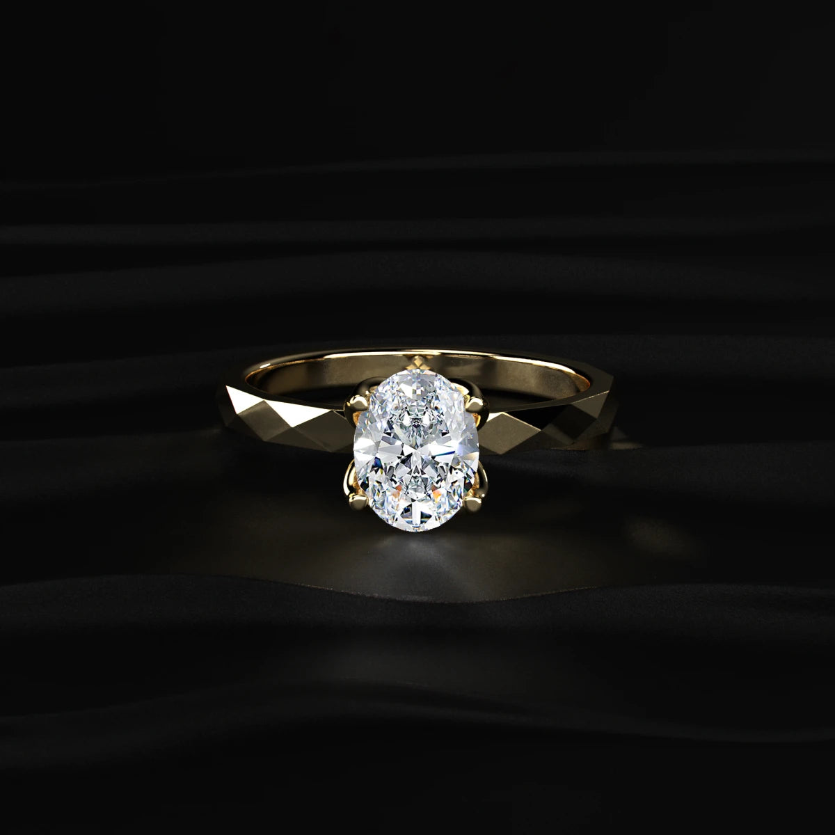 Oval Solitaire Ring With Floral Multi-Faceted Geometric Band | Earthly Jewels   