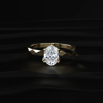 Oval Solitaire Ring With Floral Multi-Faceted Geometric Band | Earthly Jewels   