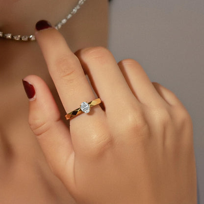 Oval Solitaire Ring With Floral Multi-Faceted Geometric Band | Earthly Jewels   