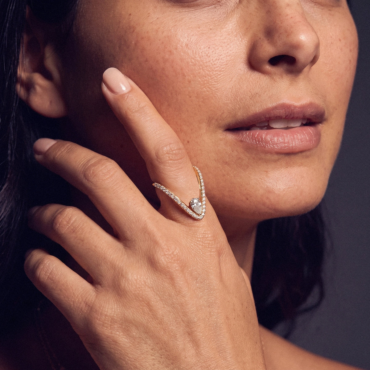 Pear Cut Diamond Pave Vanki Ring | Earthly Jewels | Model Image