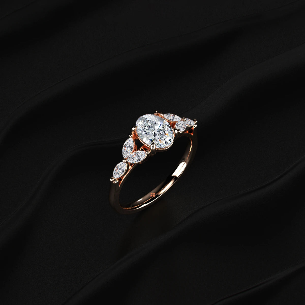 Oval Cut Diamond Ring with Marquise Side Stones | Earthly Jewels