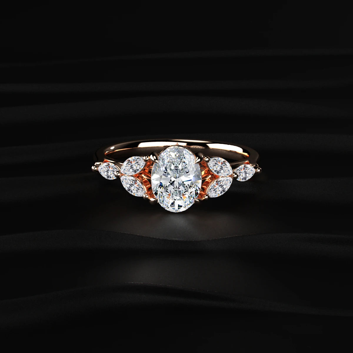 Oval Cut Diamond Ring with Marquise Side Stones | Earthly Jewels