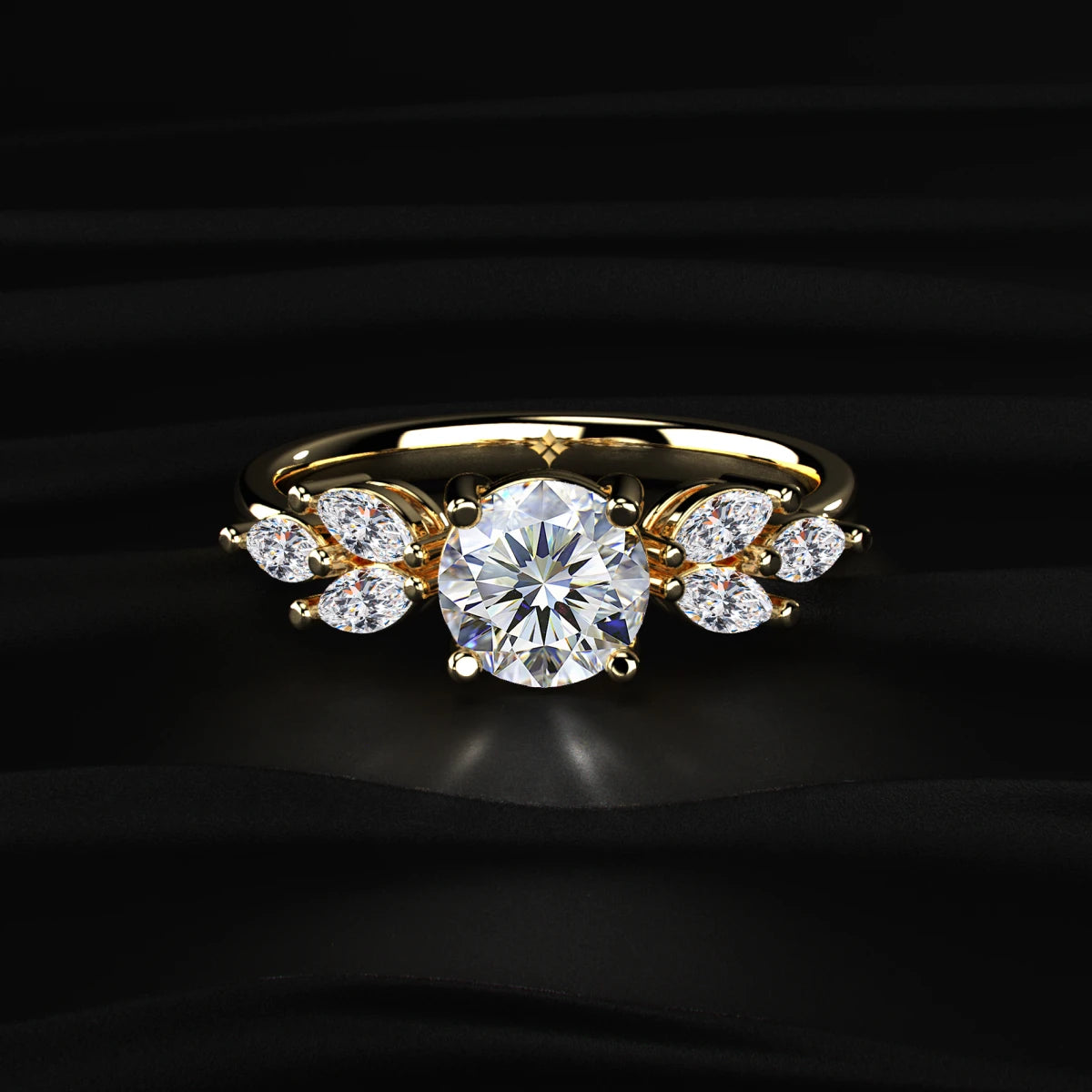Round Diamond Solitaire Ring with Marquise Side Stones