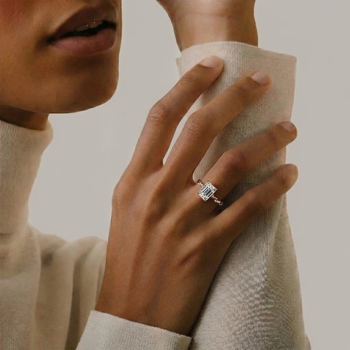 Emerald Diamond Twisted Pave Band Ring | Earthly Jewels | Model Image