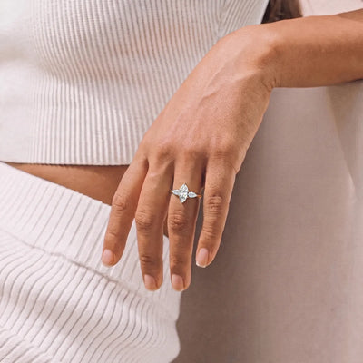 Marquise Diamond Ring with Pear Side Stones | Earthly Jewels | Model Image