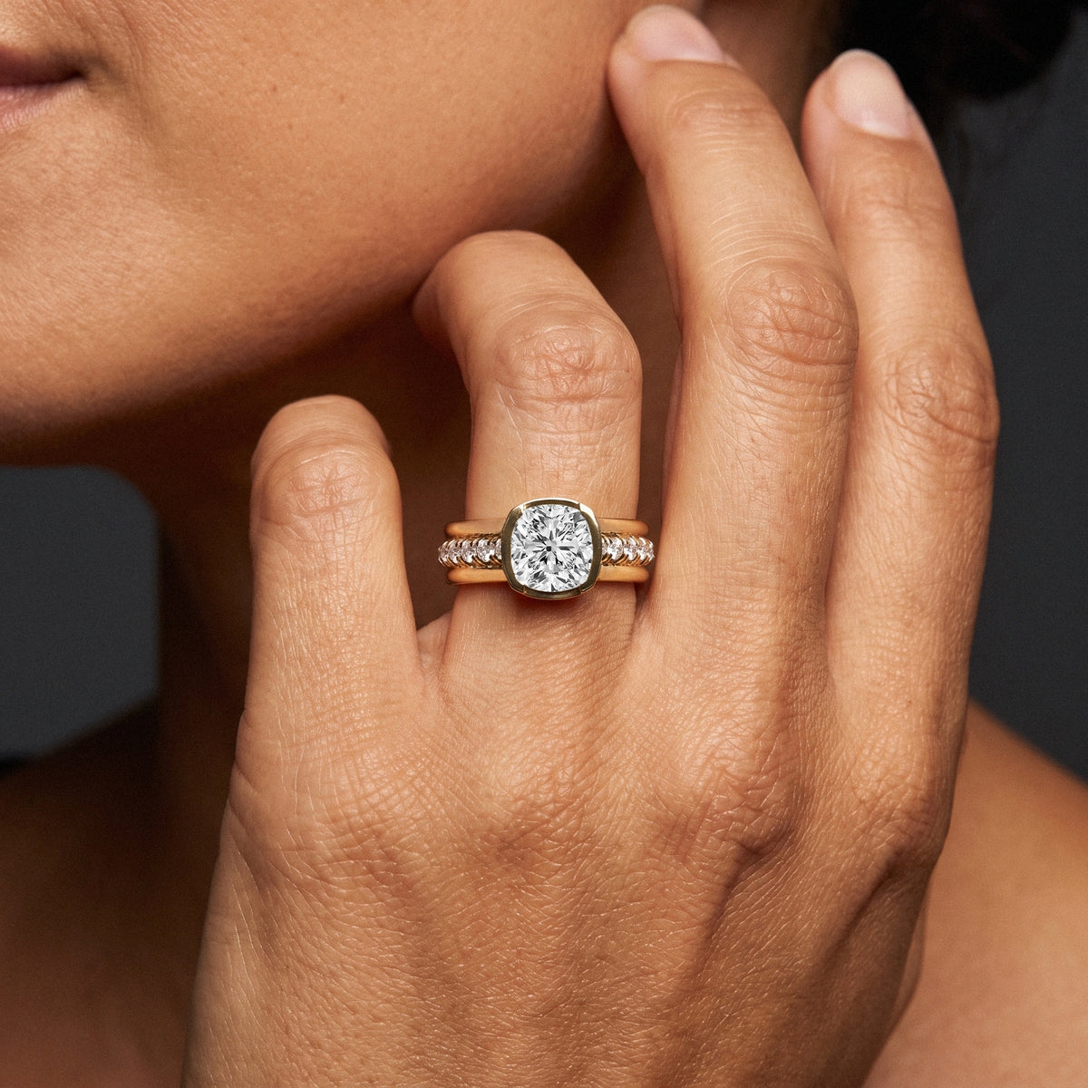 Cushion Diamond Half Bezel Pave Ring | Earthly Jewels | Model Image 