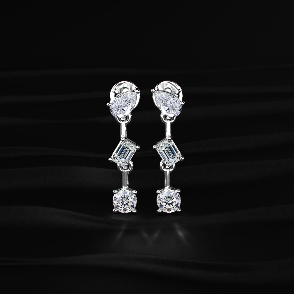 Three Stone Multi Shape Diamond Drop Earrings | Earthly Jewels
