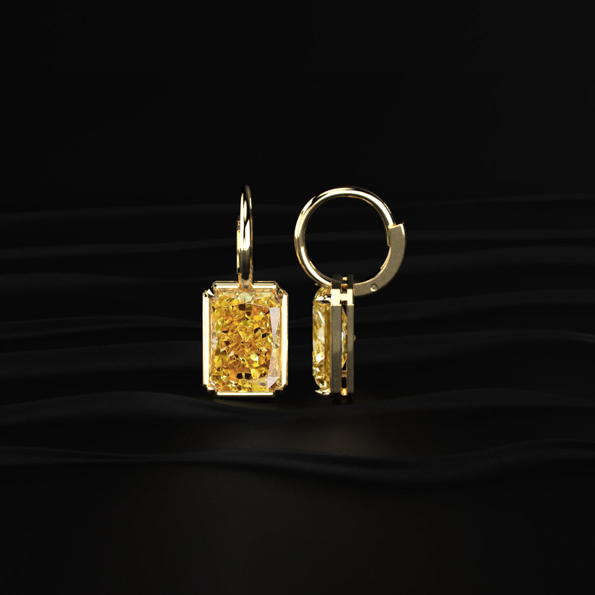 Radiant Cut Yellow Diamond Solitaire Leverback Earrings